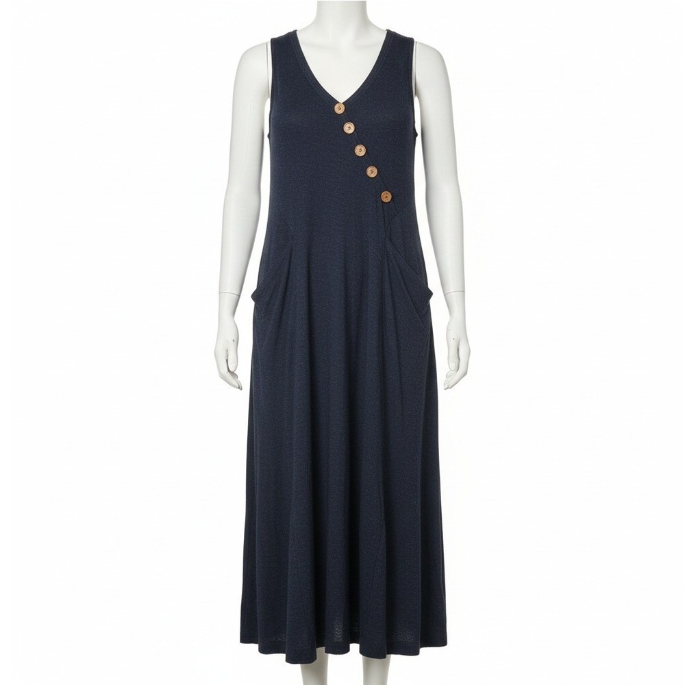 Soft Surroundings Dress Petite S Blue Sleeveless Maxi Midi Side‎ Button Pockets